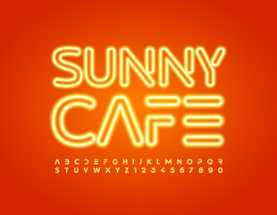 Vector bright logo Sunny Cafe with Neon abstract Font. Futuristic Alphabet Letters and Numbers set