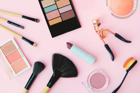 Make up products. Professional cosmetics at color background. Flat lay image.