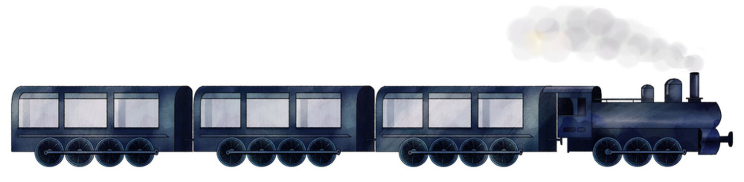 19th-century vintage steam train engine and three cars 