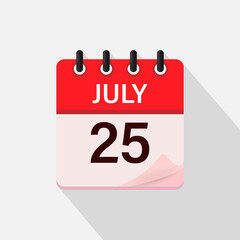July 25, Calendar icon with shadow. Day, month. Flat vector illustration.