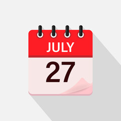 July 27, Calendar icon with shadow. Day, month. Flat vector illustration.