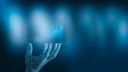 Businessman hand show Stock chart showing rising stock sign with graph indicator. Interest rate financial and mortgage rates concept. Double Exposure Image. Blue technology background high tech.