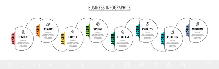 Vector line infographics template for eight arrows and circles. Business concept with 8 elements and icons. Modern blank space for chart, content, step for step, timeline, diagram, web