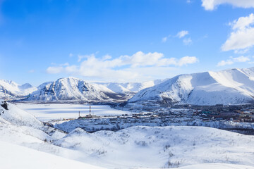 Fototapeta na wymiar russian polar industrial city in winter chibiny mountains landscape