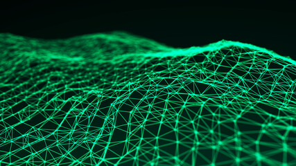 Digital technology background. Abstract dynamic wave of connected dots and lines on dark background. Wave of bright particles. Big data. 3d rendering.