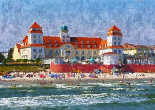 Painted picture of the spa house in the town of Binz on the island of Ruegen. Beach promenade.