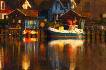 Painted Evening atmosphere in boat harbor on island of Ruegen. Colorful reflection in the water.