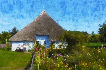 Fototapeta na wymiar Painted traditional reed roof covered house with cottage garden on island Ruegen