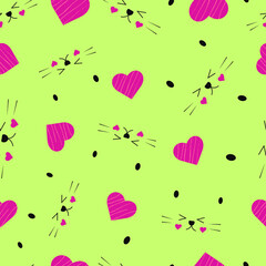 Seamless pattern cute faces of kawaii cats and hearts isolated on green. Vector illustration for card, wallpaper, textile, fabric