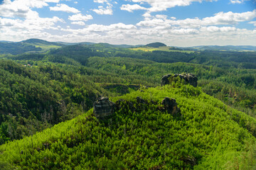 Obraz premium Rocky hill in Bohemian Switzerland, Czech. Observation tower with amazing view to landscape