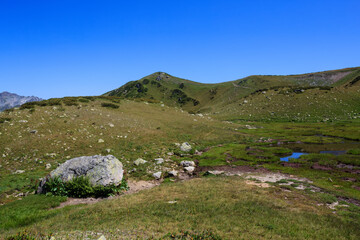 mountain landscape with big stone and small lake in alpine meadows of caucasus