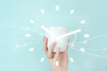 Time Management Duration Interval Graphic Concept. Cropped view of female hand with white coffee...
