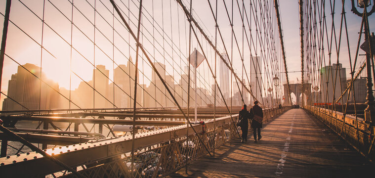 Fototapeta Brooklyn bridge at sunset, New York City.