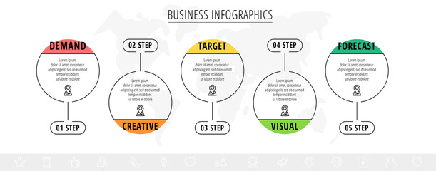 Line vector minimal infographic with circles. Business concept with five steps by step for diagram, chart, levels, graphic, app