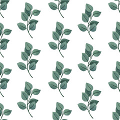 Seamless pattern with round eucalyptus clipart for wedding invitations, greeting card, poster, greenery decoration. Simple, modern, watercolor wallpaper on white background.