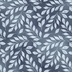 Watercolor floral seamless pattern with blue leaves and branches on dark blue background.