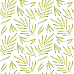 Watercolor floral seamless pattern with green leaves isolated on white background. Can be used for design scrap book paper, wrapping paper, textile, pattern fills.