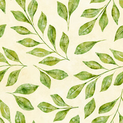 Watercolor floral seamless pattern with green leaves and branches on light yellow background.