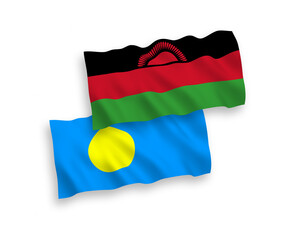 National vector fabric wave flags of Malawi and Palau isolated on white background. 1 to 2 proportion.