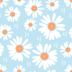 Seamless pattern with chamomiles on blue background vector illustration.
