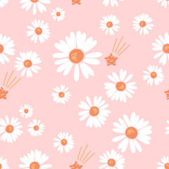 Seamless pattern with daisy flower on and little stars on pink background vector illustration. Cute floral print.