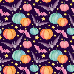 Mystery halloween seamless pattern: watercolor bats, pumpkins and stars on a purple dark night backgrouns. Cute and spooky wallpaper, fabric texture, gift wrapping paper. Fall season holiday decor