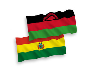 National vector fabric wave flags of Malawi and Bolivia isolated on white background. 1 to 2 proportion.