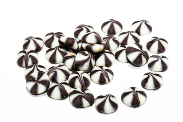 Two colors chocolate drops set isolated on white background. Package design elements with clipping path.