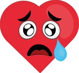 Vector illustration of an emoticon of a cartoon heart character with a sad expression and a tear in his eye
