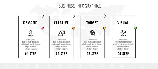 Line minimal infographics timeline with four steps rectangle elements. Chart process template with arrows. Modern vector for company or corporate business project and presentation. Trendy design