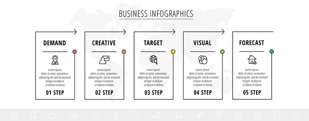 Line minimal infographics timeline with 5 steps rectangle elements. Chart process template with arrows. Modern vector for company or corporate business project and presentation. Trendy design