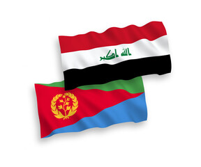 National vector fabric wave flags of Eritrea and Iraq isolated on white background. 1 to 2 proportion.