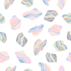 Stylized sea rocks with striped elements on a white background. Seamless abstract simple pattern. Suitable for packaging, textile.