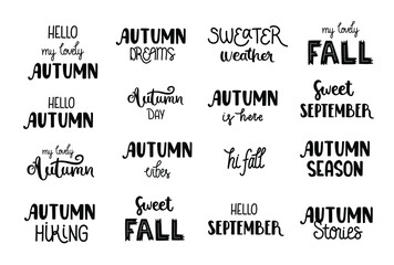 Obraz premium Set of hand-drawn lettering about autumn. Small doodle quotes. Isolated on white. Designs for t-shirt, cup, sticker, print, banner, bag, plotter cutting, etc.