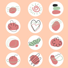 Instagram highlight icons in pink, boho style, pattern. Heart, sun, flower, planet. Highlights. Story Highlight Covers
