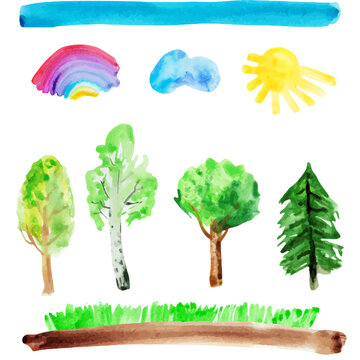 Watercolor hand drawn naive kids drawing rainbow, sun, sky, trees, grass