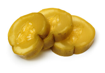 Marinated pickled cucumbers on white background