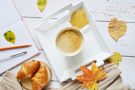 Cup of coffee with autumns leaves, diary and book on the white wooden texture. Back to school. September, October. Write and read, study  in relaxing atmosphere.  Work from home. Quarantine stay home 