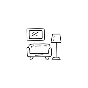 Furniture, home interior icon in flat black line style, isolated on white background 