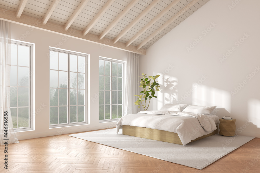 Poster 3d rendering of bedroom with wooden floor and sun light cast shadow on the white bed. windows and na