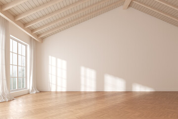 3d rendering of empty minimal room with wooden laminate floor. Modern interior design with window shadow on the white wall.