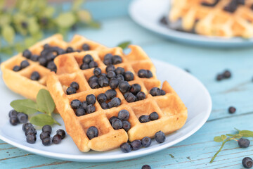 national day waffles, waffles with blueberries on a blue plate on a blue background