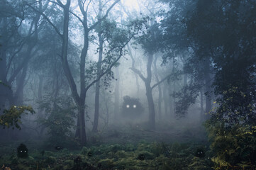 A creepy, fantasy forest of trees, back lighted with spooky, glowing eyes of creatures in the undergrowth.