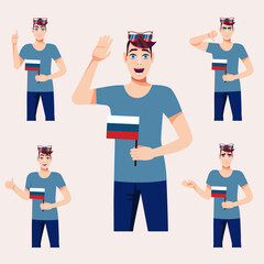 A hadsome man with Russian flag. A set of fan emotions. Vector illustration on cartoon style.
