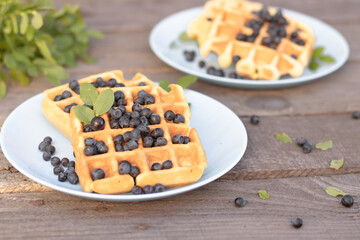 national day waffles, waffles with blueberries on a blue plate on a blue background