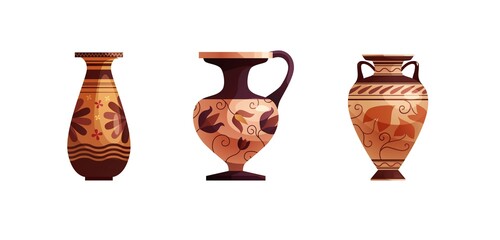 Antique Greek vase with decoration. Ancient traditional clay jar or pot for wine. Vector cartoon illustration.