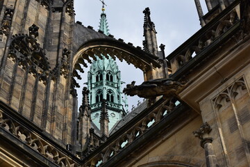 Fototapeta na wymiar St. Vitus Cathedral Architectural Detail with Flying Buttress and Gargoyle