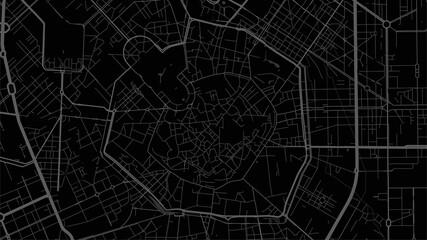 Black dark Milan City area vector background map, streets and water cartography illustration.
