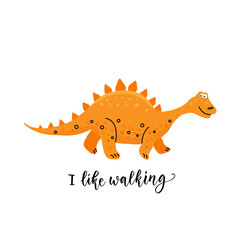 Funny walking dinosaur Stegosaurus in cartoon style with lettering. Vector color illustration in flat style with line elements.