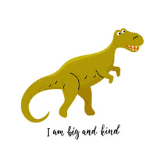 Funny dinosaur Tyrannosaurus in cartoon style with lettering. Vector color illustration in flat style with line elements.